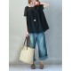 Vintage Solid Color Split-Joint Pleated Embroidered Hollow Lace Round-Neck Short Sleeves T-Shirt