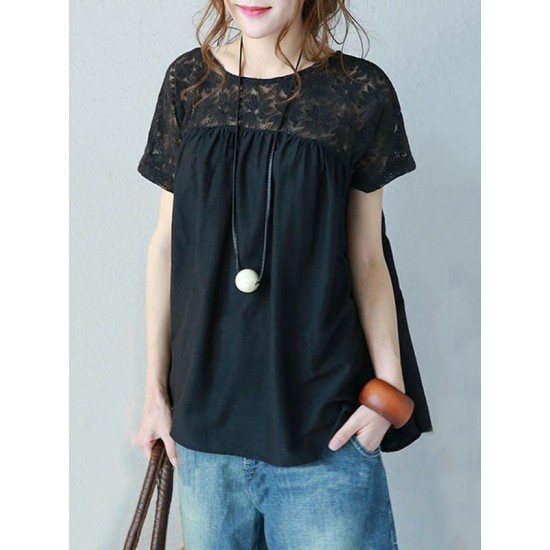 Vintage Solid Color Split-Joint Pleated Embroidered Hollow Lace Round-Neck Short Sleeves T-Shirt