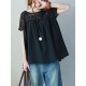 Vintage Solid Color Split-Joint Pleated Embroidered Hollow Lace Round-Neck Short Sleeves T-Shirt