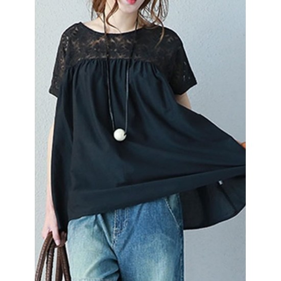 Vintage Solid Color Split-Joint Pleated Embroidered Hollow Lace Round-Neck Short Sleeves T-Shirt