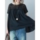 Vintage Solid Color Split-Joint Pleated Embroidered Hollow Lace Round-Neck Short Sleeves T-Shirt