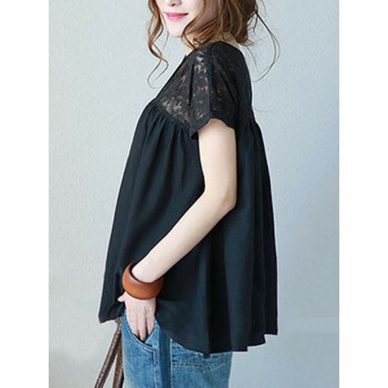 Vintage Solid Color Split-Joint Pleated Embroidered Hollow Lace Round-Neck Short Sleeves T-Shirt