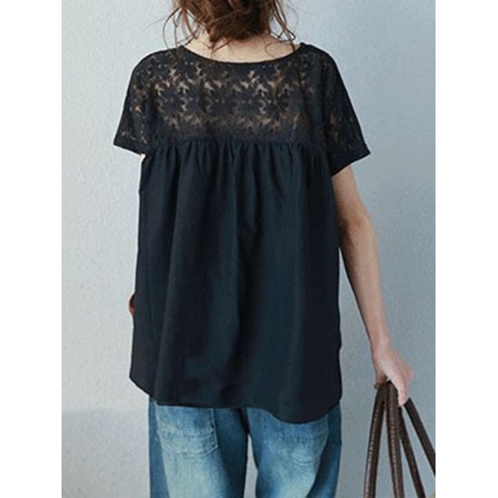 Vintage Solid Color Split-Joint Pleated Embroidered Hollow Lace Round-Neck Short Sleeves T-Shirt