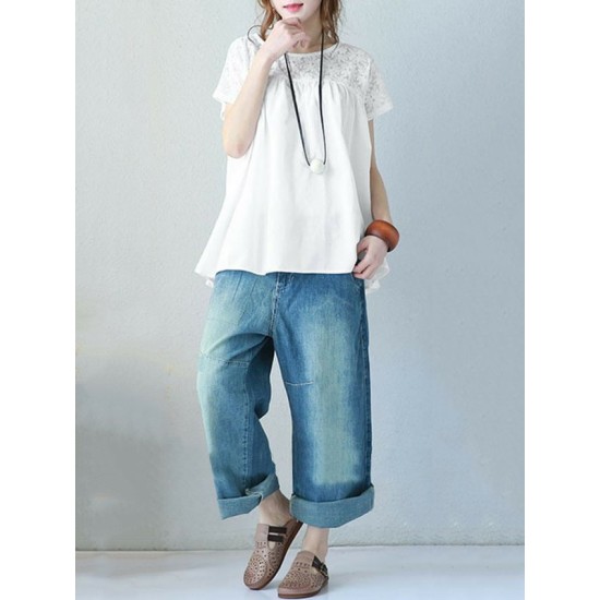 Vintage Solid Color Split-Joint Pleated Embroidered Hollow Lace Round-Neck Short Sleeves T-Shirt