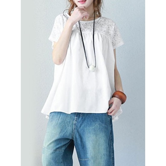 Vintage Solid Color Split-Joint Pleated Embroidered Hollow Lace Round-Neck Short Sleeves T-Shirt