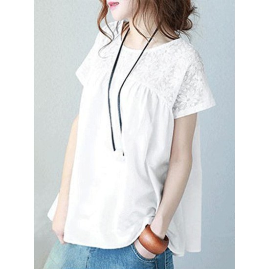 Vintage Solid Color Split-Joint Pleated Embroidered Hollow Lace Round-Neck Short Sleeves T-Shirt