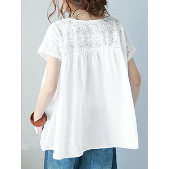 Vintage Solid Color Split-Joint Pleated Embroidered Hollow Lace Round-Neck Short Sleeves T-Shirt