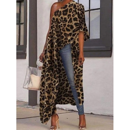 Stylish Leopard Printed Asymmetric One-Shoulder Loose T-Shirt Tops