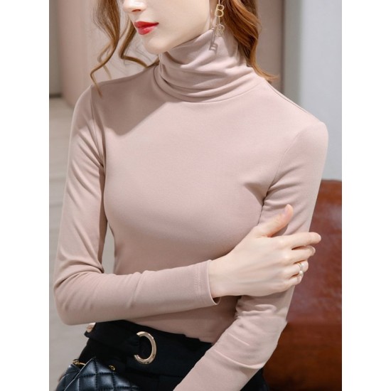 Simple 9 Colors High-Neck Long Sleeves T-Shirt Top