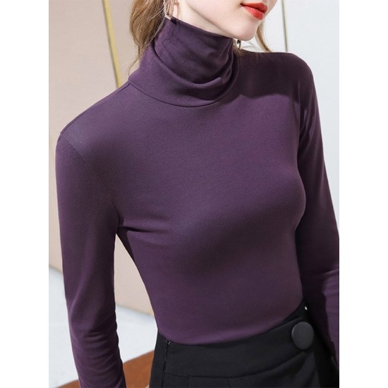 Simple 9 Colors High-Neck Long Sleeves T-Shirt Top