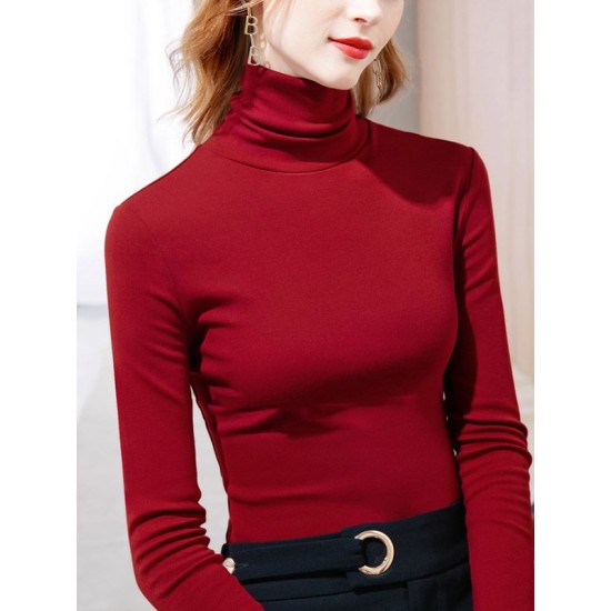 Simple 9 Colors High-Neck Long Sleeves T-Shirt Top