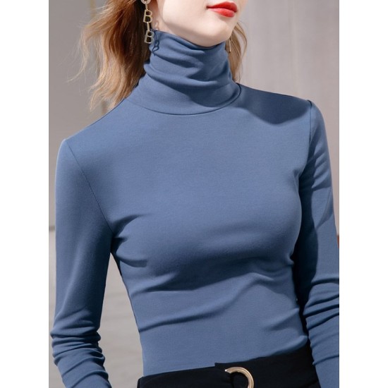 Simple 9 Colors High-Neck Long Sleeves T-Shirt Top