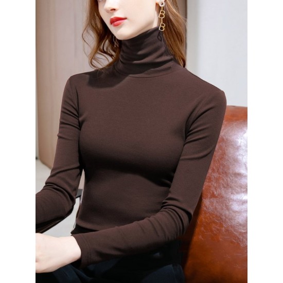 Simple 9 Colors High-Neck Long Sleeves T-Shirt Top