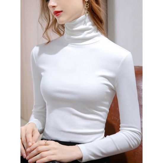 Simple 9 Colors High-Neck Long Sleeves T-Shirt Top