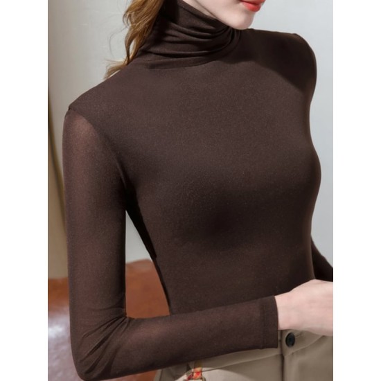 13 Colors High-Neck  Solid Color Long Sleeves T-Shirt Top