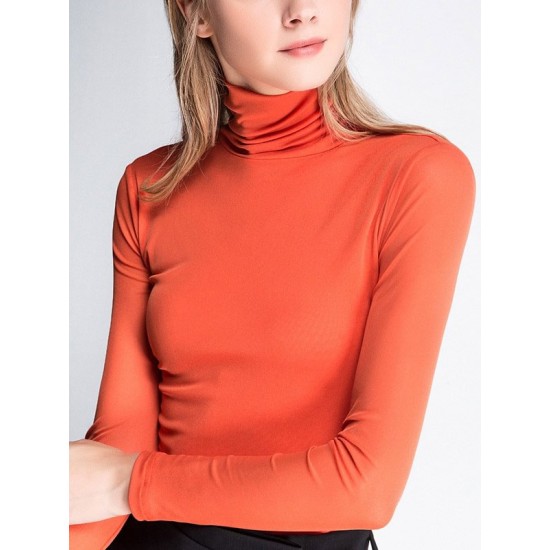 13 Colors High-Neck  Solid Color Long Sleeves T-Shirt Top