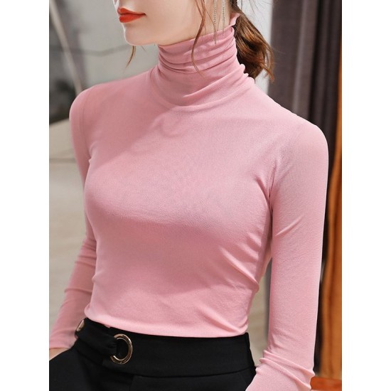 13 Colors High-Neck  Solid Color Long Sleeves T-Shirt Top