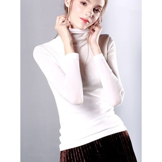 13 Colors High-Neck  Solid Color Long Sleeves T-Shirt Top