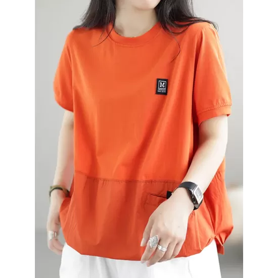 Split-Joint Loose Short Sleeves Round-Neck T-Shirts Tops