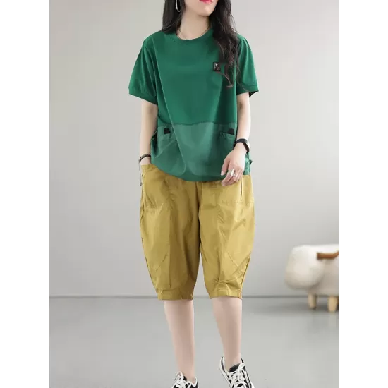 Split-Joint Loose Short Sleeves Round-Neck T-Shirts Tops