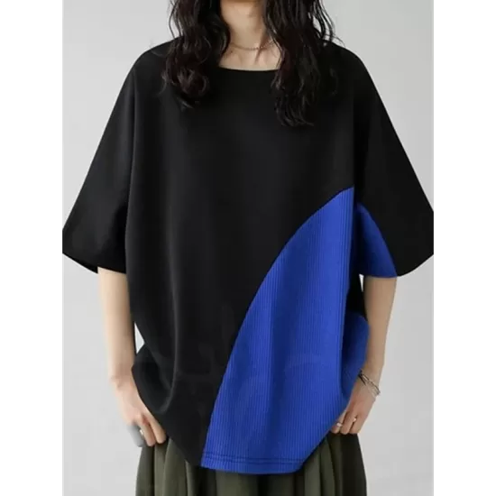 Contrast Color Batwing Sleeves Half Sleeves Round-neck T-Shirts Tops