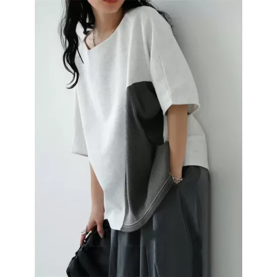 Contrast Color Batwing Sleeves Half Sleeves Round-neck T-Shirts Tops