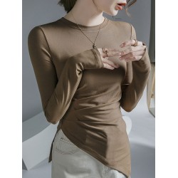 Asymmetric Pleated Solid Color Long Sleeves Skinny Round-Neck T-Shirts Tops