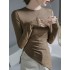 Asymmetric Pleated Solid Color Long Sleeves Skinny Round-Neck T-Shirts Tops