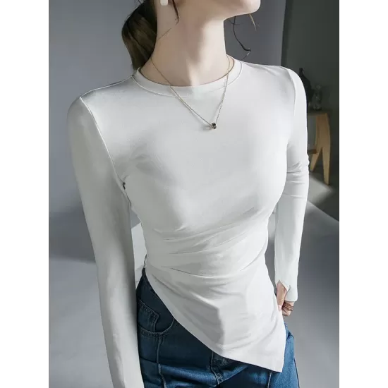 Asymmetric Pleated Solid Color Long Sleeves Skinny Round-Neck T-Shirts Tops