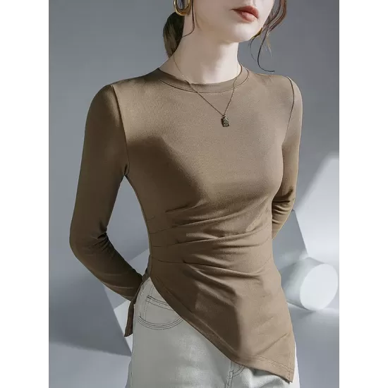 Asymmetric Pleated Solid Color Long Sleeves Skinny Round-Neck T-Shirts Tops