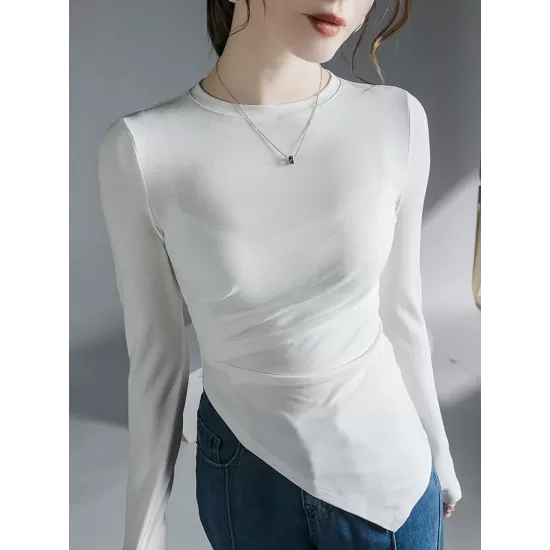 Asymmetric Pleated Solid Color Long Sleeves Skinny Round-Neck T-Shirts Tops