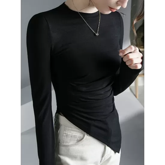 Asymmetric Pleated Solid Color Long Sleeves Skinny Round-Neck T-Shirts Tops