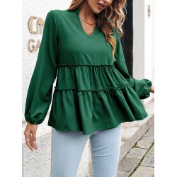 Solid Color Long Sleeves Loose V-Neck T-Shirts Tops