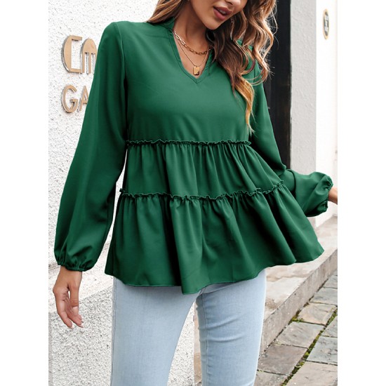 Solid Color Long Sleeves Loose V-Neck T-Shirts Tops