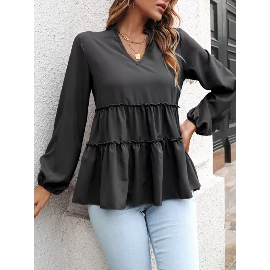 Solid Color Long Sleeves Loose V-Neck T-Shirts Tops