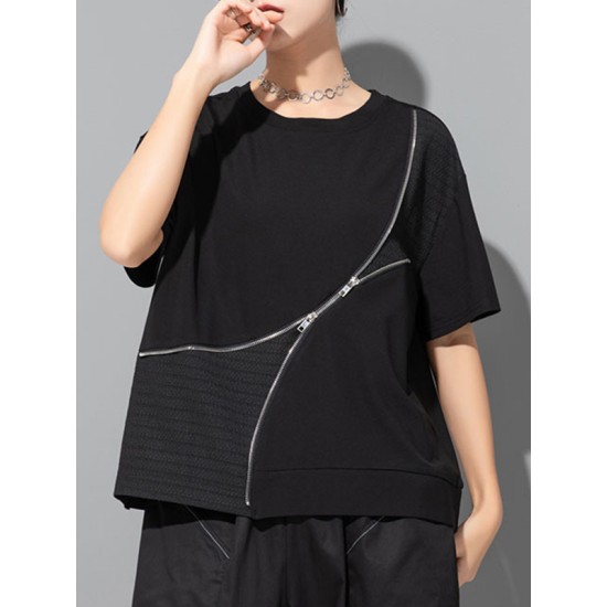 Asymmetric Split-Joint Zipper Loose Short Sleeves Round-neck T-Shirts Tops