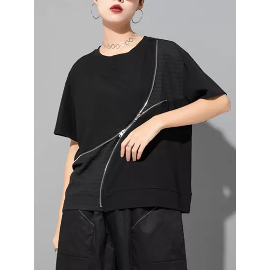 Asymmetric Split-Joint Zipper Loose Short Sleeves Round-neck T-Shirts Tops