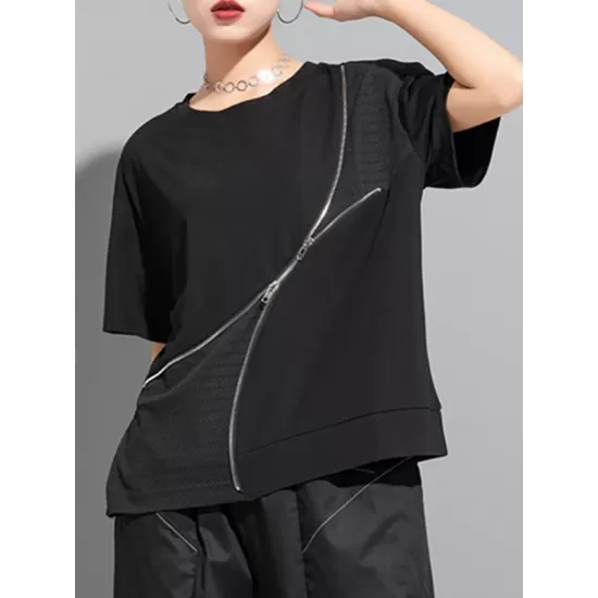 Asymmetric Split-Joint Zipper Loose Short Sleeves Round-neck T-Shirts Tops