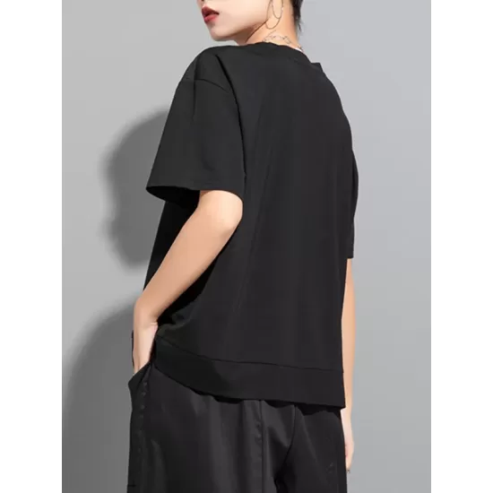 Asymmetric Split-Joint Zipper Loose Short Sleeves Round-neck T-Shirts Tops