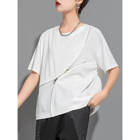 Asymmetric Split-Joint Zipper Loose Short Sleeves Round-neck T-Shirts Tops