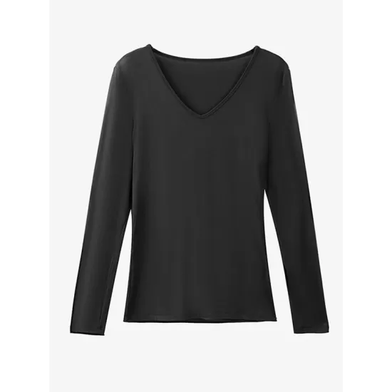 Casual Skinny Long Sleeves Solid Color V-Neck T-Shirts