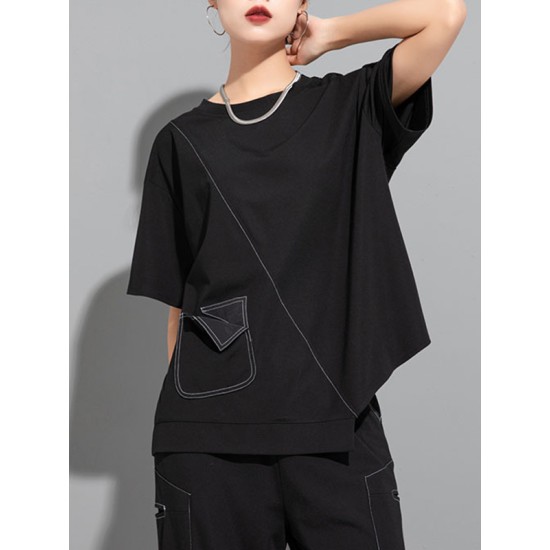 Asymmetric Solid Color Split-Joint Loose Short Sleeves Round-Neck T-Shirts Tops