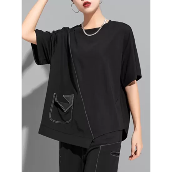 Asymmetric Solid Color Split-Joint Loose Short Sleeves Round-Neck T-Shirts Tops