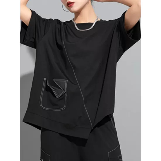 Asymmetric Solid Color Split-Joint Loose Short Sleeves Round-Neck T-Shirts Tops