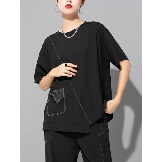 Asymmetric Solid Color Split-Joint Loose Short Sleeves Round-Neck T-Shirts Tops