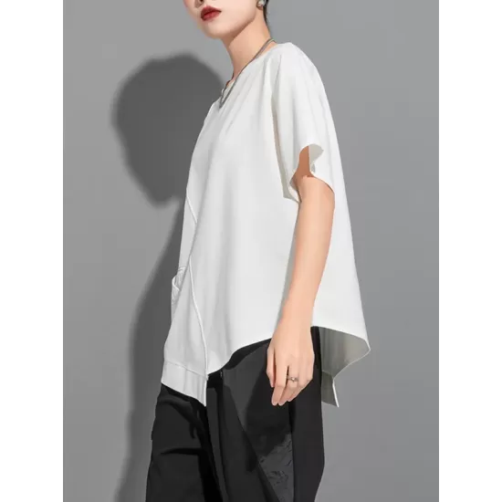 Asymmetric Solid Color Split-Joint Loose Short Sleeves Round-Neck T-Shirts Tops