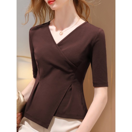 Asymmetric Solid Color Half Sleeves Skinny V-Neck T-Shirts Tops