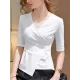 Asymmetric Solid Color Half Sleeves Skinny V-Neck T-Shirts Tops