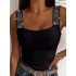 Elasticity Rhinestone Split-Joint Skinny Sleeveless Spaghetti-Neck Vest Top