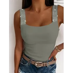 Elasticity Rhinestone Split-Joint Skinny Sleeveless Spaghetti-Neck Vest Top